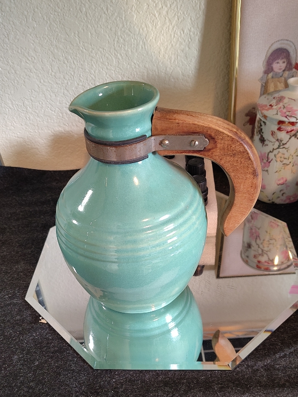 Vintage Pacific Pottery Carafe 1930-40surquoise Ceramic Pitcher with Wood Handle